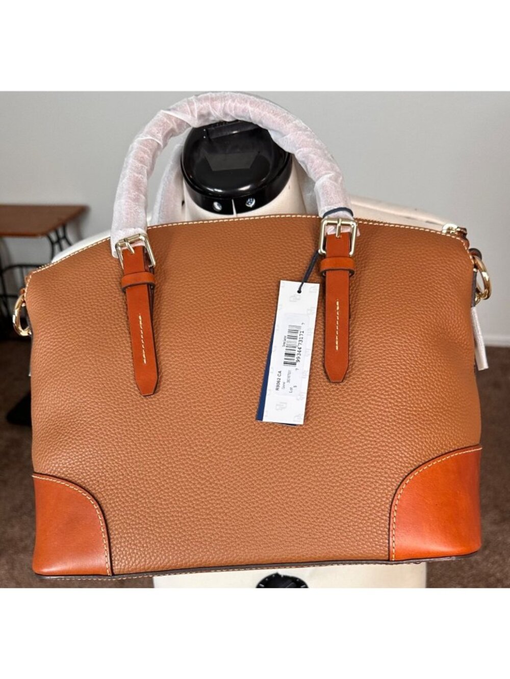 Dooney Bourke Pebble Leather Dome Designer Satchel Work Bag  Camel and Cognac - Picture 5 of 10